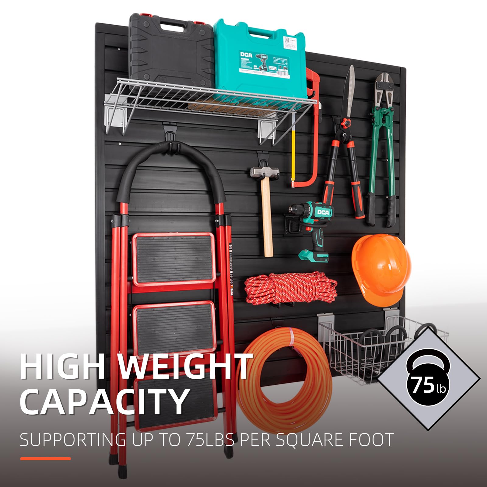 FRAYSCENT slatwall panel organized tools and accessible shelving in a workspace.