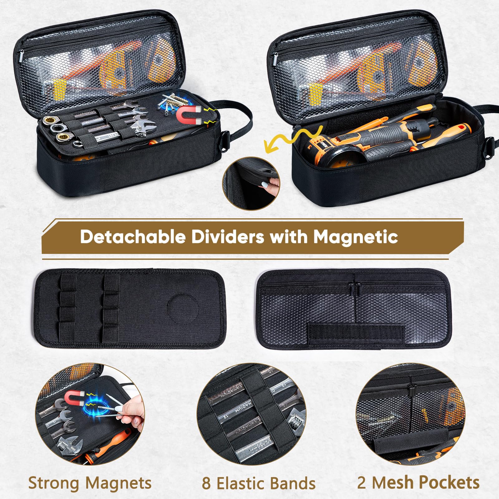 FRECOLSH tool organizer with elastic bands and mesh pockets for quick access.