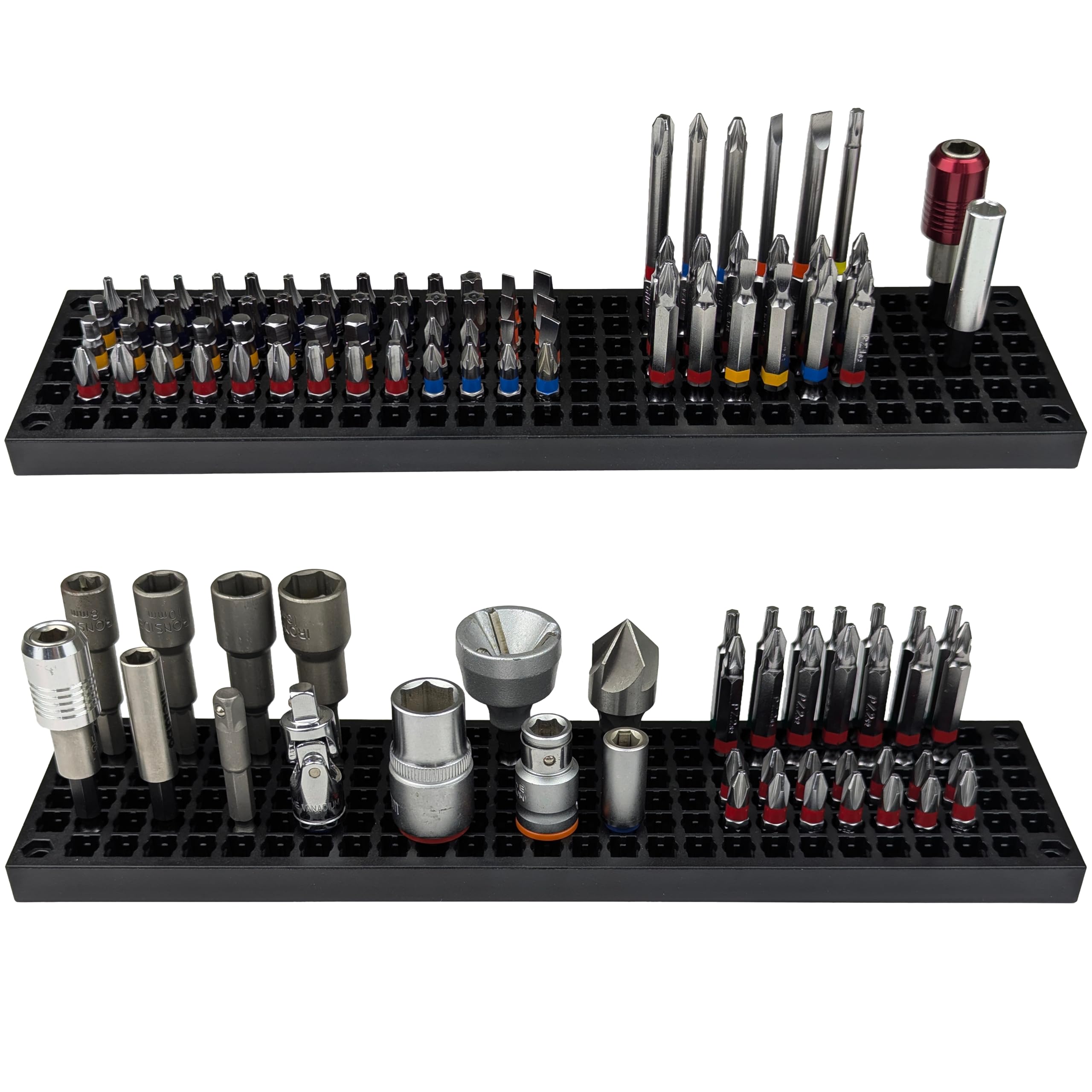 FREE ZONE Bit Organizer with 158-hole capacity keeps bits organized and accessible.