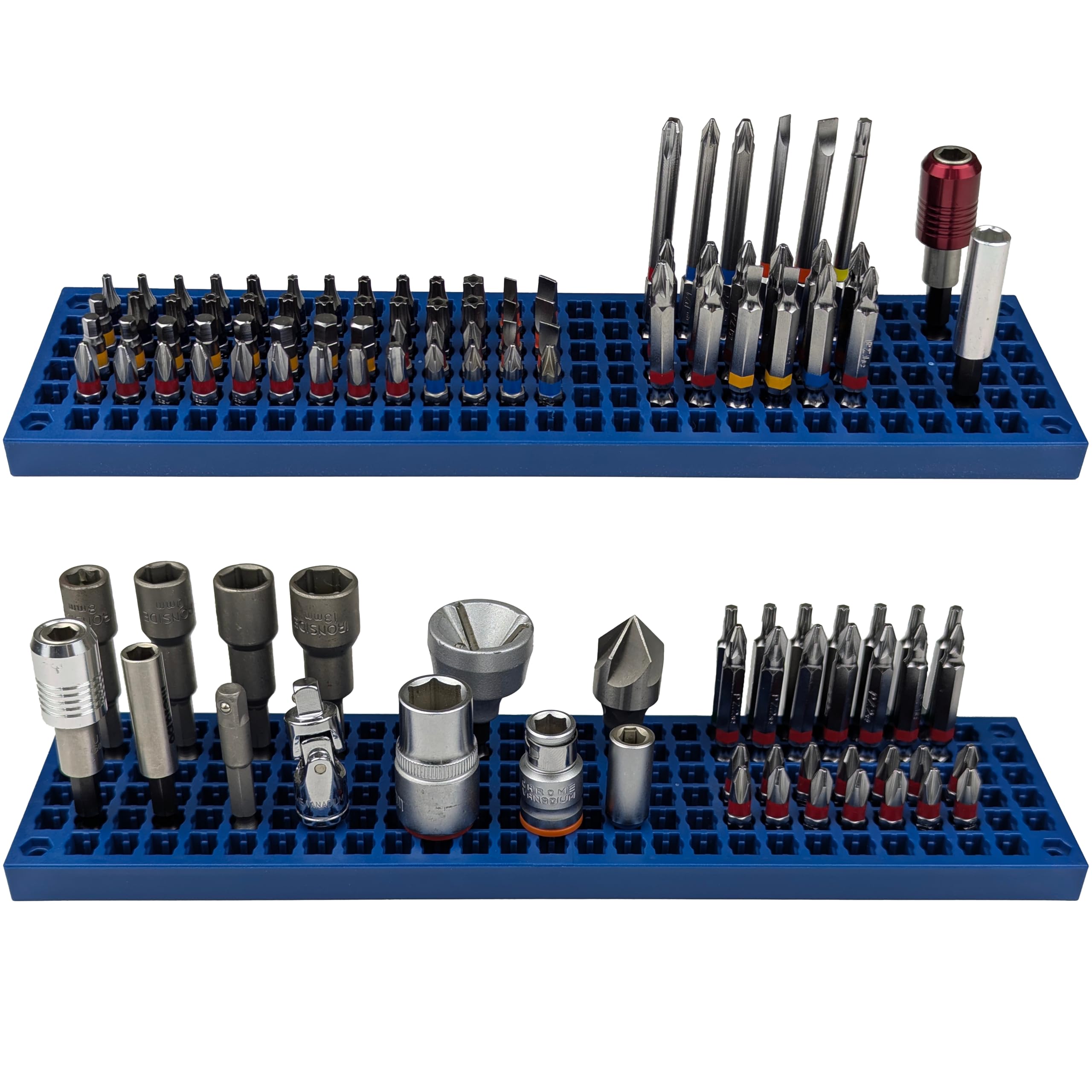 FREE ZONE Bit Organizer Blue showcases 158-hole capacity for 1/4-inch bits.