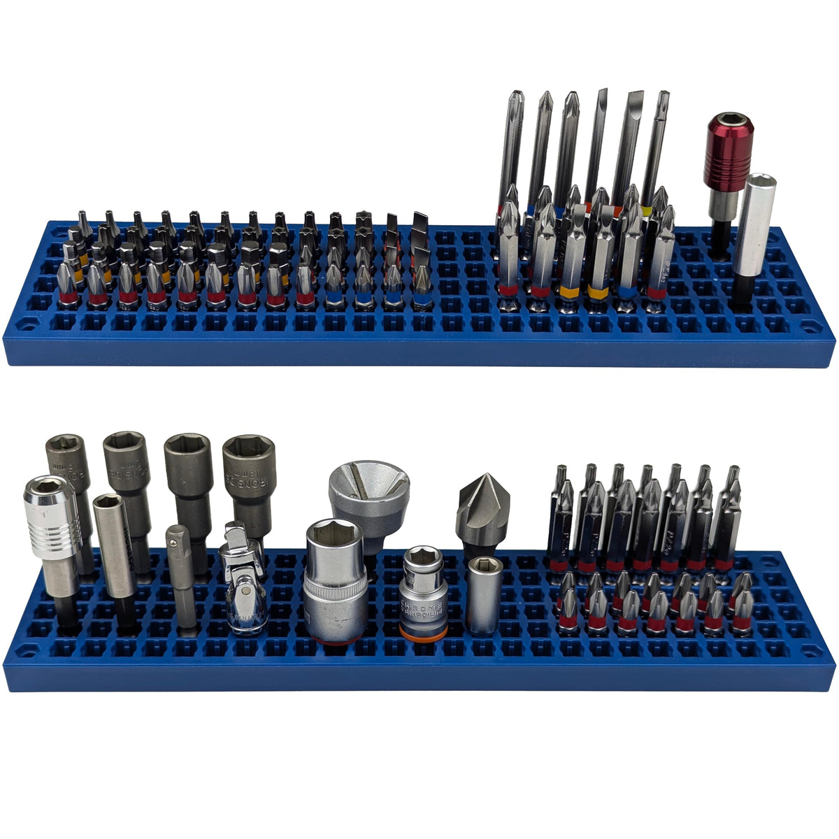 FREE ZONE Bit Organizer Blue showcases 158-hole capacity for 1/4-inch bits.