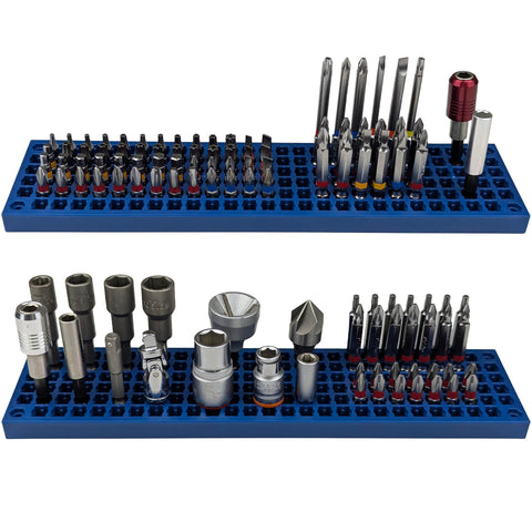 FREE ZONE Bit Organizer Blue showcases 158-hole capacity for 1/4-inch bits.