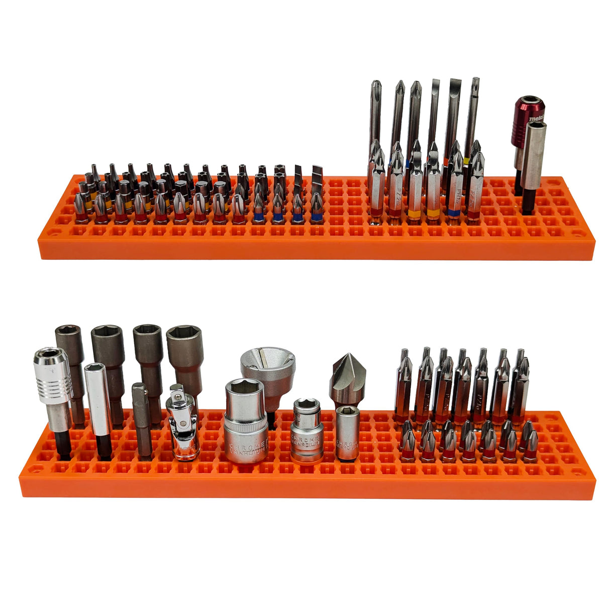 FREE ZONE Bit Organizer orange 158-hole tray keeps bits neatly stored and accessible.