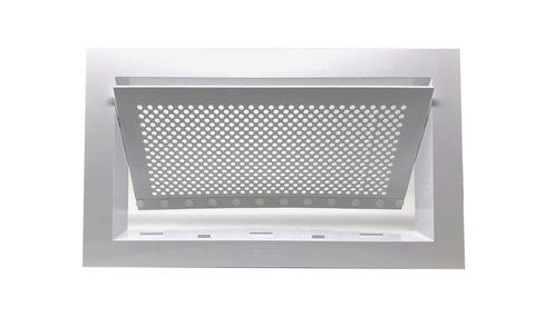 Freedom Flood Vent wall-mounted white unit shown on a foundation opening, ready for crawl space protection.
