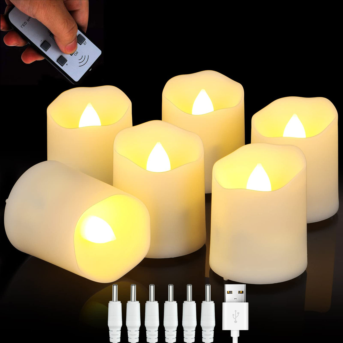 FreePower rechargeable tealight with remote emits a warm flicker for cozy ambiance.