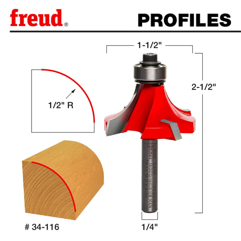 Freud 34-116 anti-kickback feature demonstrates safer routing during edge work.