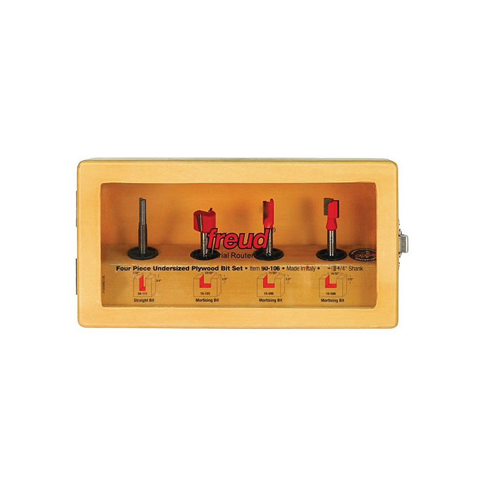 Freud 4-piece undersized plywood bit set in shadow box case for easy access