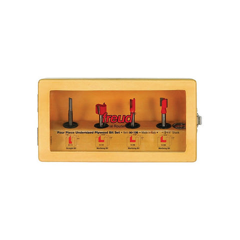 Freud 4-piece undersized plywood bit set in shadow box case for easy access