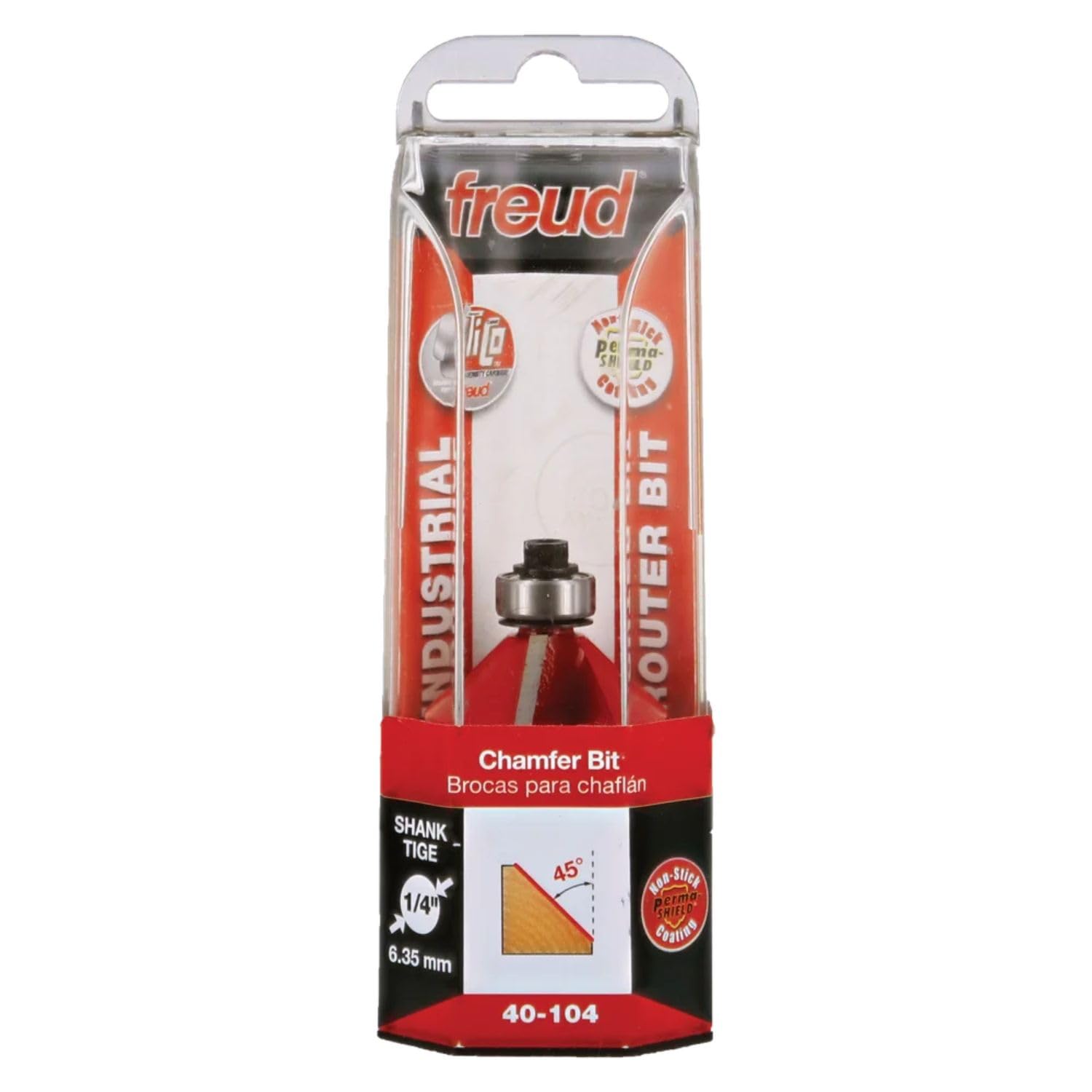 Freud 40-104 chamfer bit in cutting action for clean plywood edges
