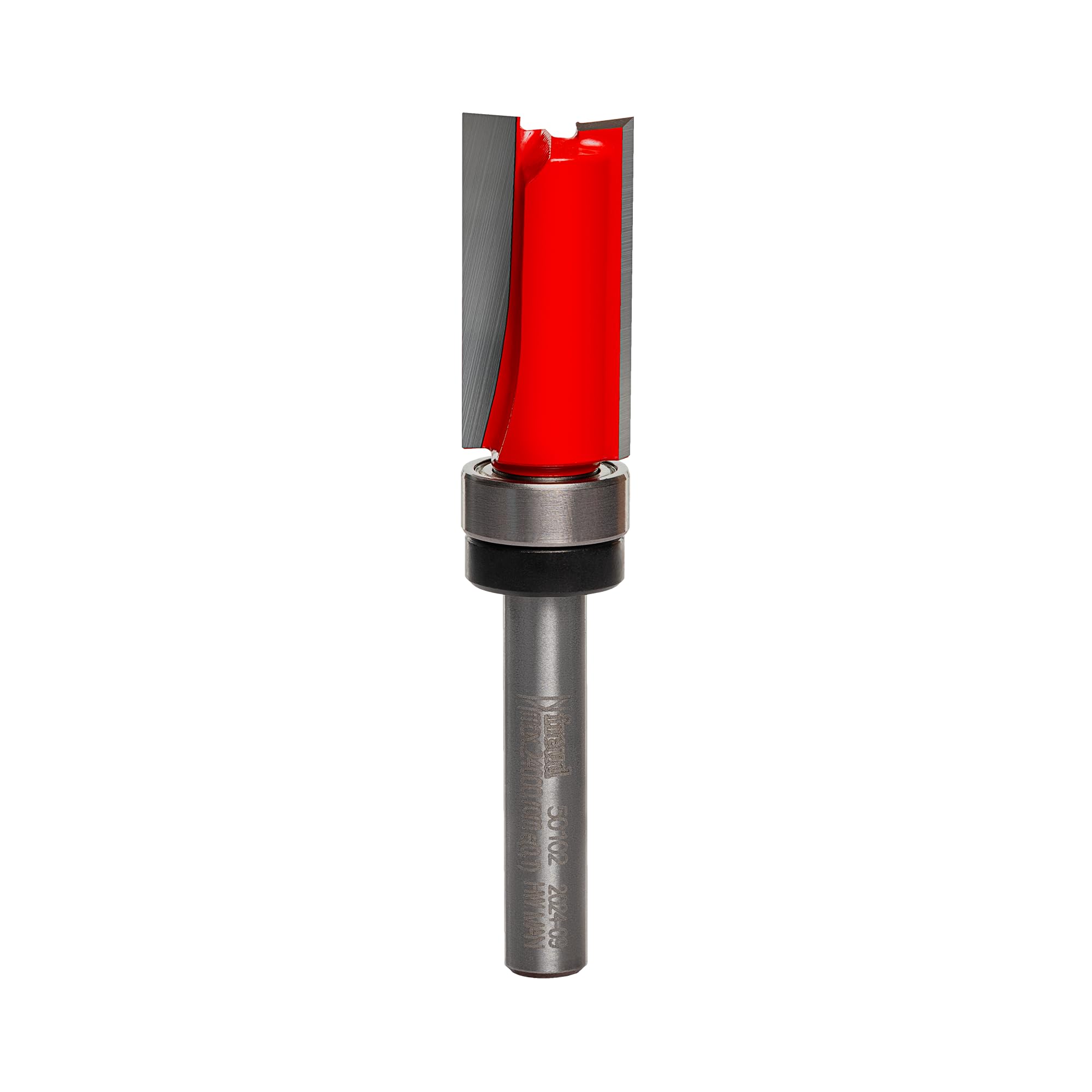 Freud 50-102 half-inch top-bearing flush trim bit in action for clean template routing.