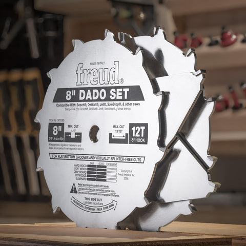 Freud 6-inch Pro Dado Set chippers for smooth shoulder cuts.