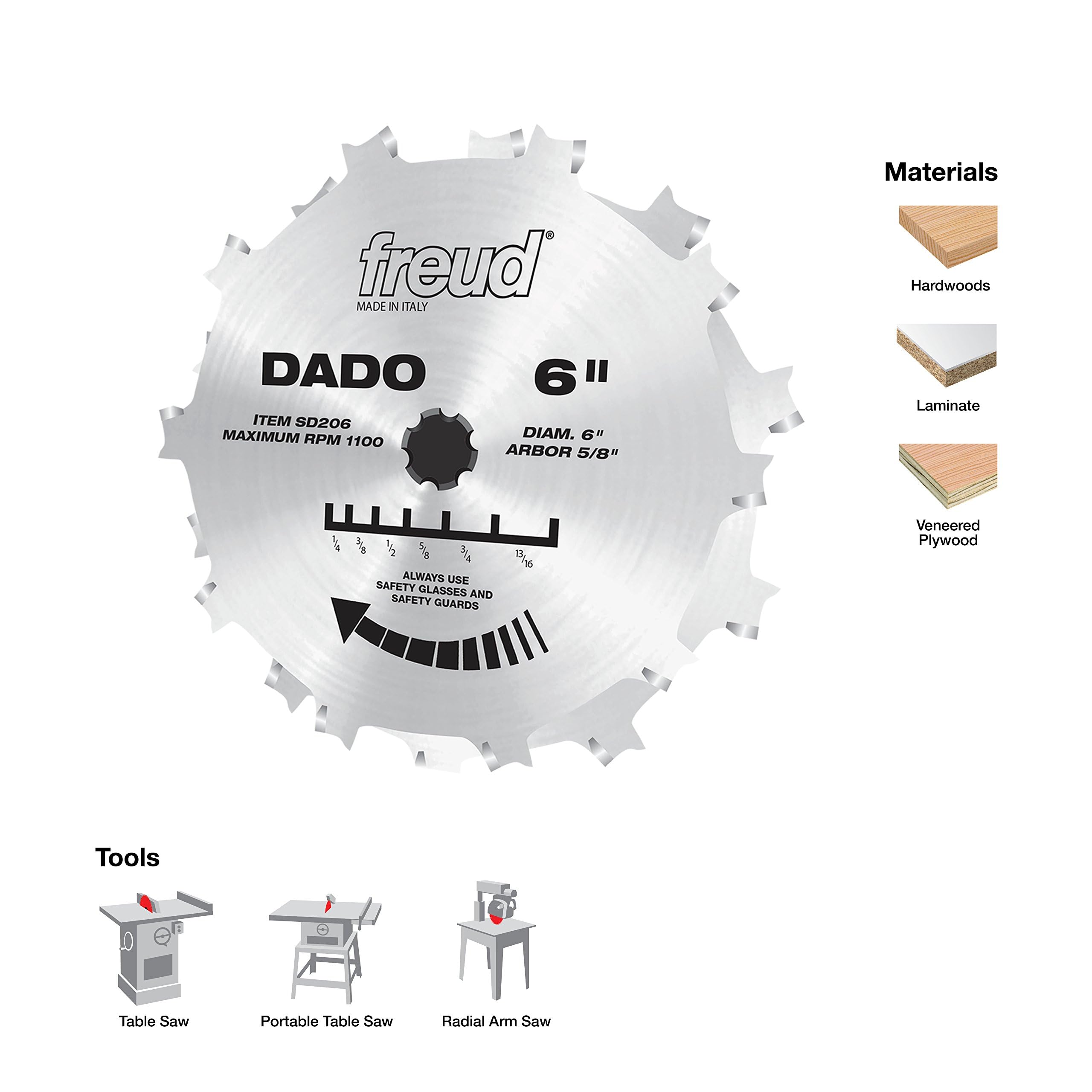 Freud 6-inch Pro Dado Set spacers for accurate dado widths.