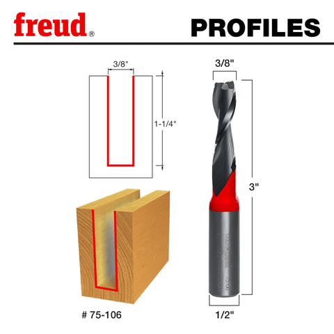 Freud 75-106 up spiral router bit angle shot highlights clean through-cuts in wood.