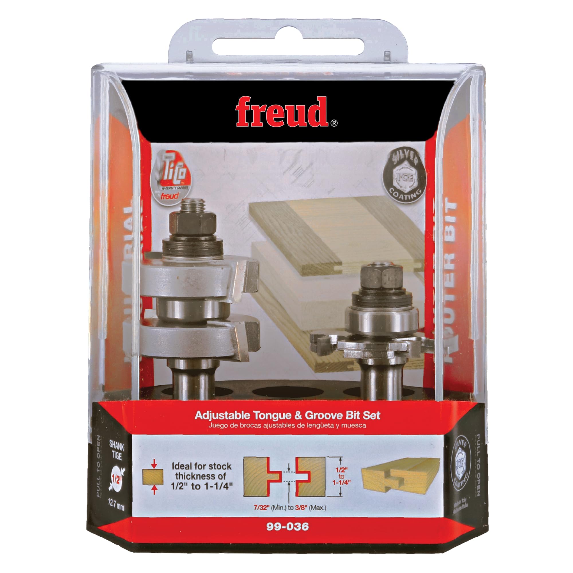 Freud 99-036 adjustable spacer system shown for micro-tuned stock thickness and consistent results.