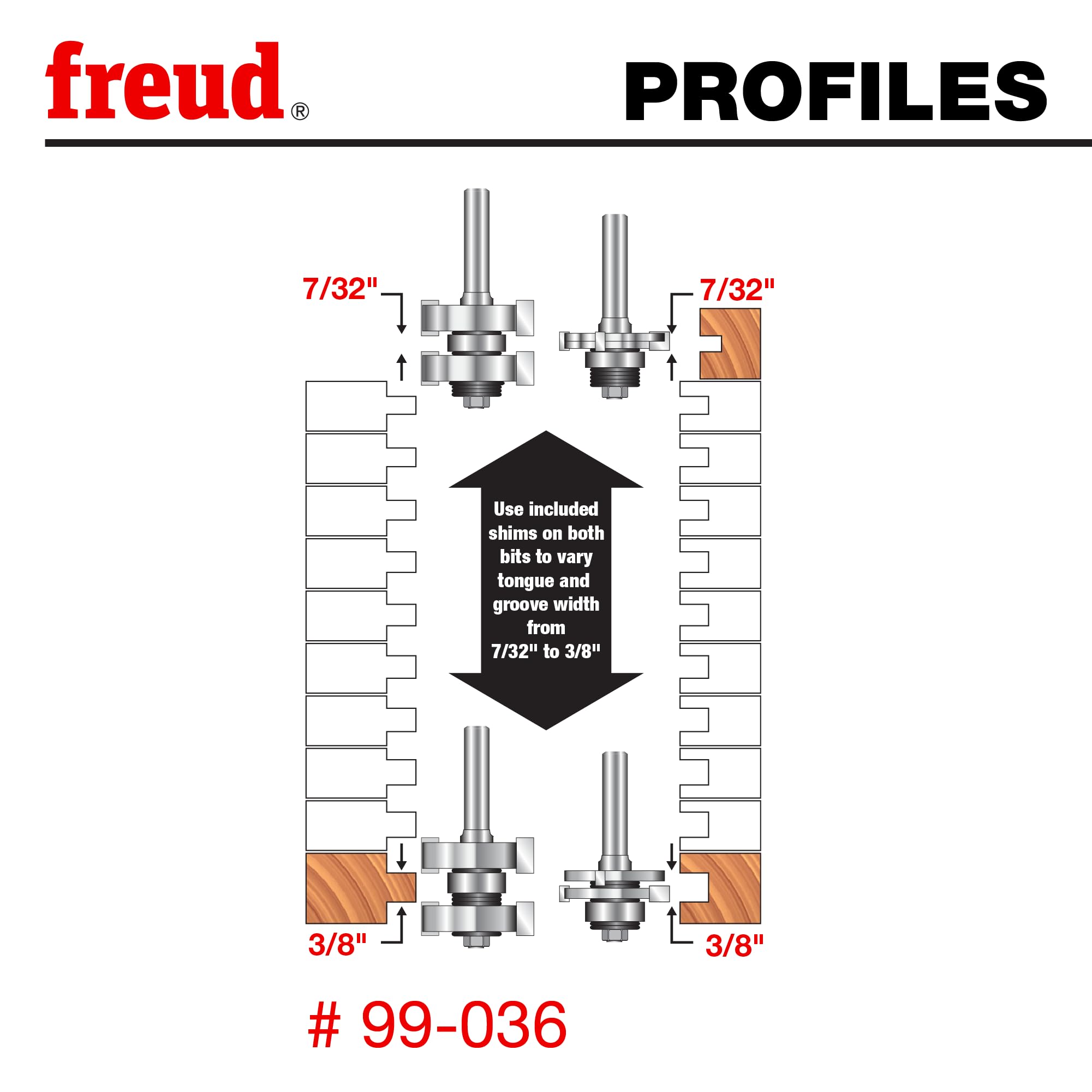 Freud 99-036 opposing shear angles reduce tear-out on top and bottom surfaces.