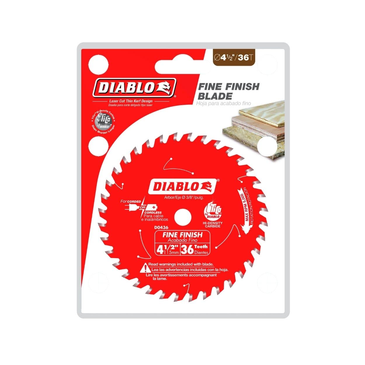 Diablo D0436X blade with anti-stick coating and stabilizer vents for smoother trim cuts