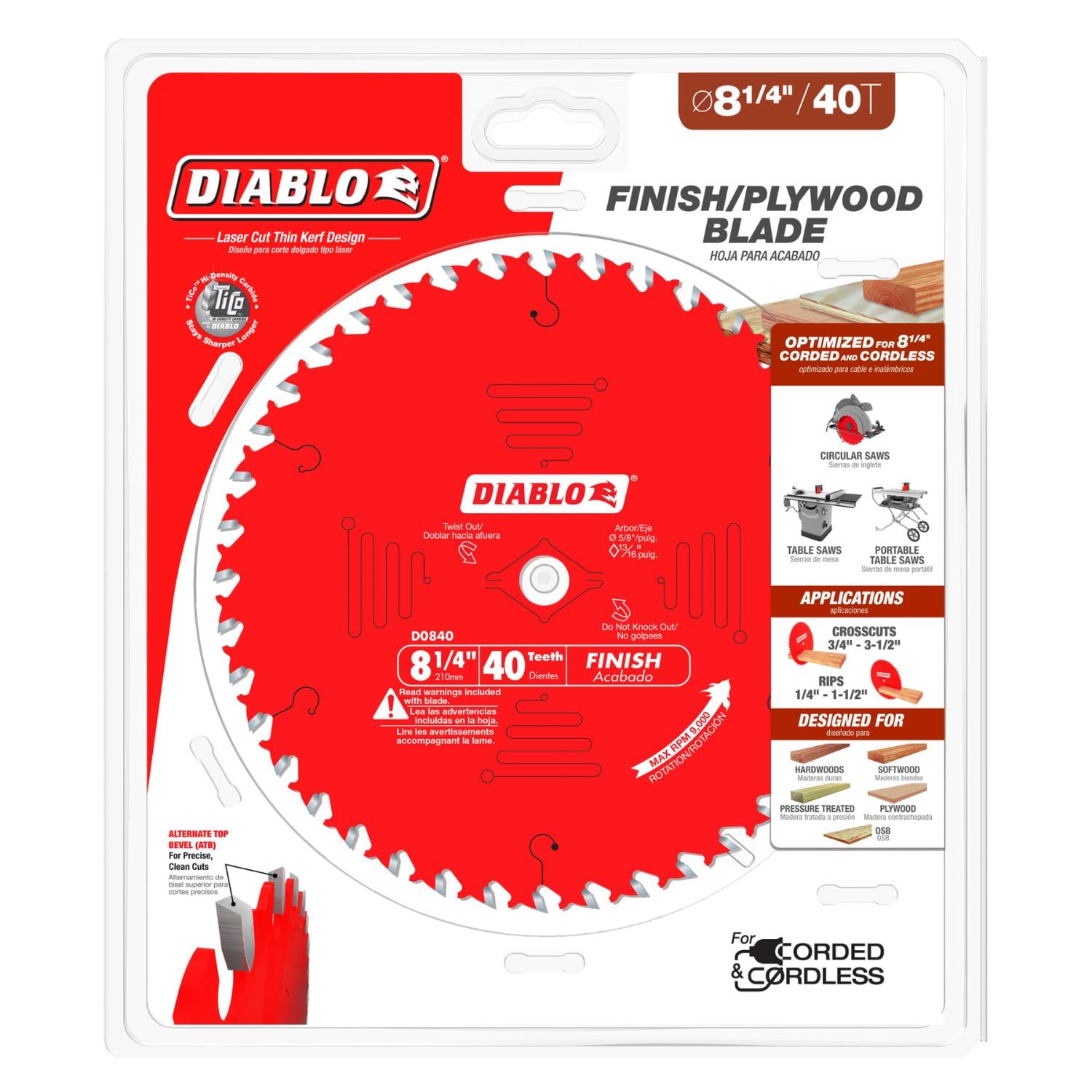 Freud Diablo 40-tooth ATB blade for precise cuts on 1x stock, decking, and plywood.