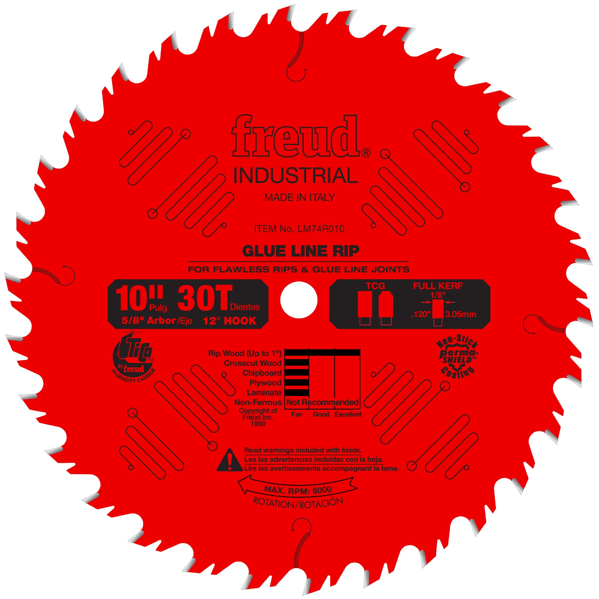 Freud 10-inch glue-line ripping blade with triple chip teeth for clean glue-ready edges.