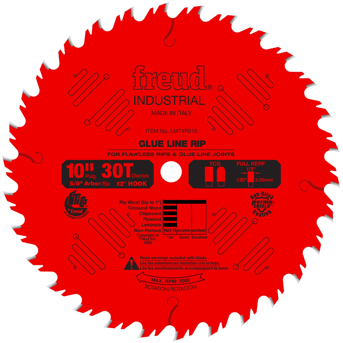 Freud 10-inch glue-line ripping blade with triple chip teeth for clean glue-ready edges.