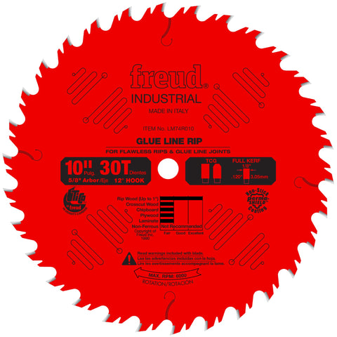 Freud 10-inch glue-line ripping blade with triple chip teeth for clean glue-ready edges.