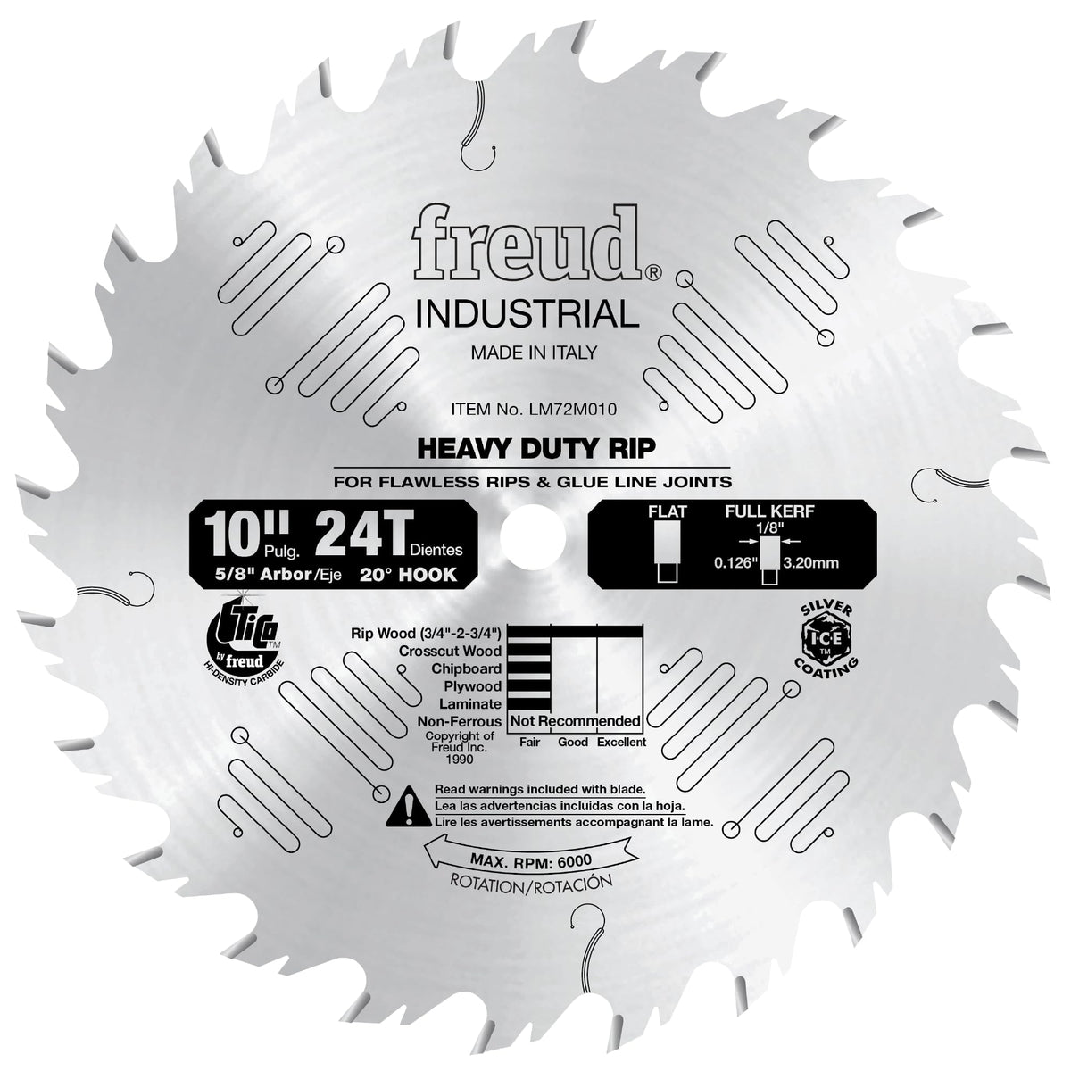 Freud LM72M010 blade closeup showing flat-top teeth for clean glue-line cuts