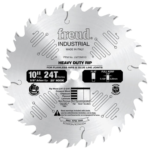 Freud LM72M010 blade closeup showing flat-top teeth for clean glue-line cuts