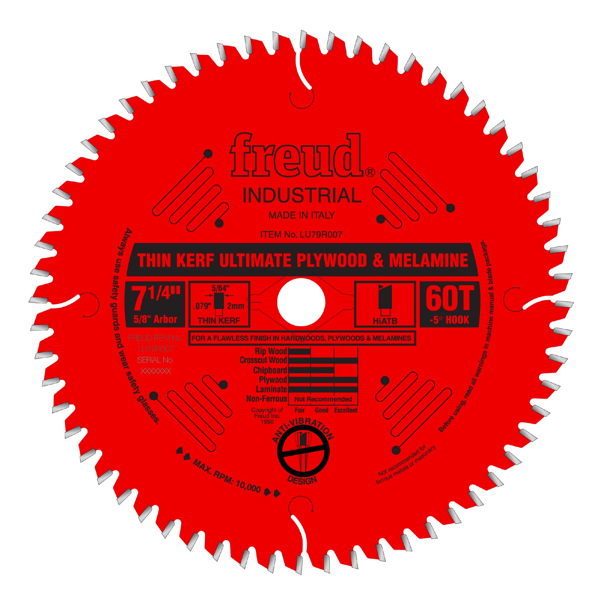 Freud LU79R007 thin kerf blade ready for veneer plywood cuts with smooth finishes.