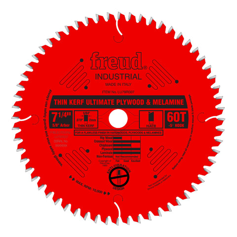 Freud LU79R007 thin kerf blade ready for veneer plywood cuts with smooth finishes.