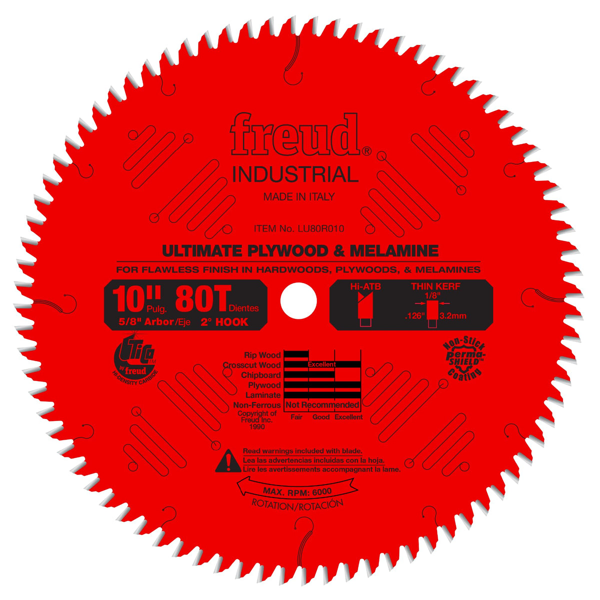 Freud LU80R010 10in blade showing precision edge for clean cuts.