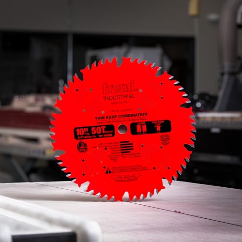 Freud LU83R010 blade side profile highlighting thin kerf for less waste.
