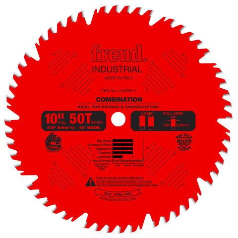 Freud LU84R011 10-inch combination blade cuts cleanly for ripping and crosscuts.