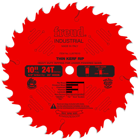Freud LU87R010 thin kerf rip blade delivers fast, clean cuts on low-horsepower saws.