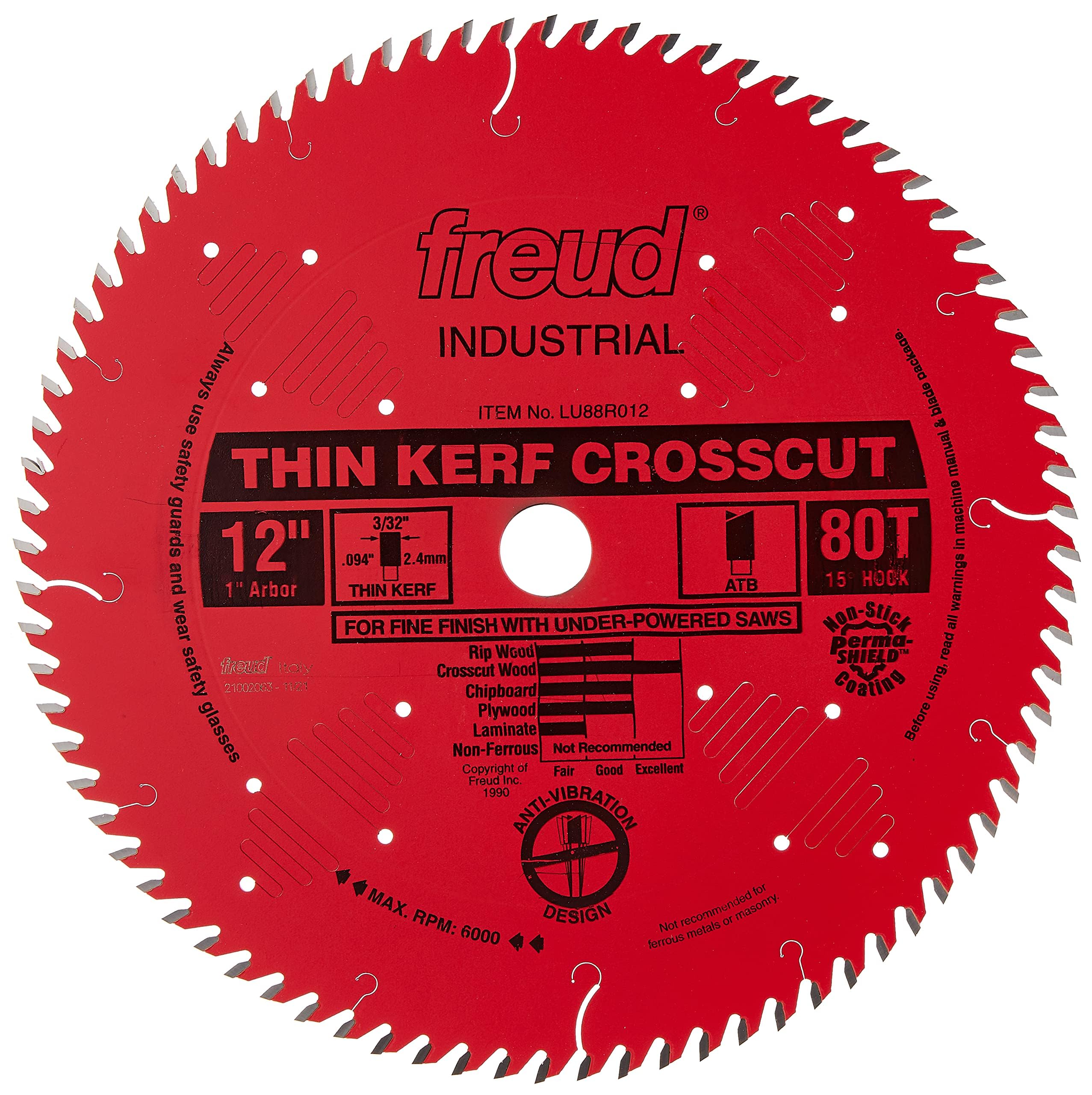 Freud LU88R012 12-inch crosscut blade with thin kerf for smoother cuts and less waste