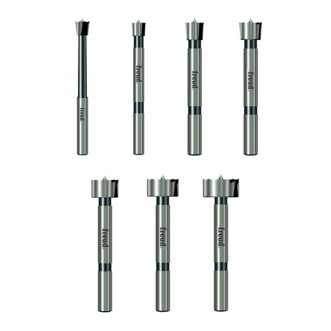 Freud PB-107B Forstner set drills flat-bottom holes with precision.