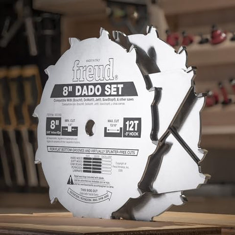 Freud Pro Dado Set spacers arranged for adjustable groove widths.