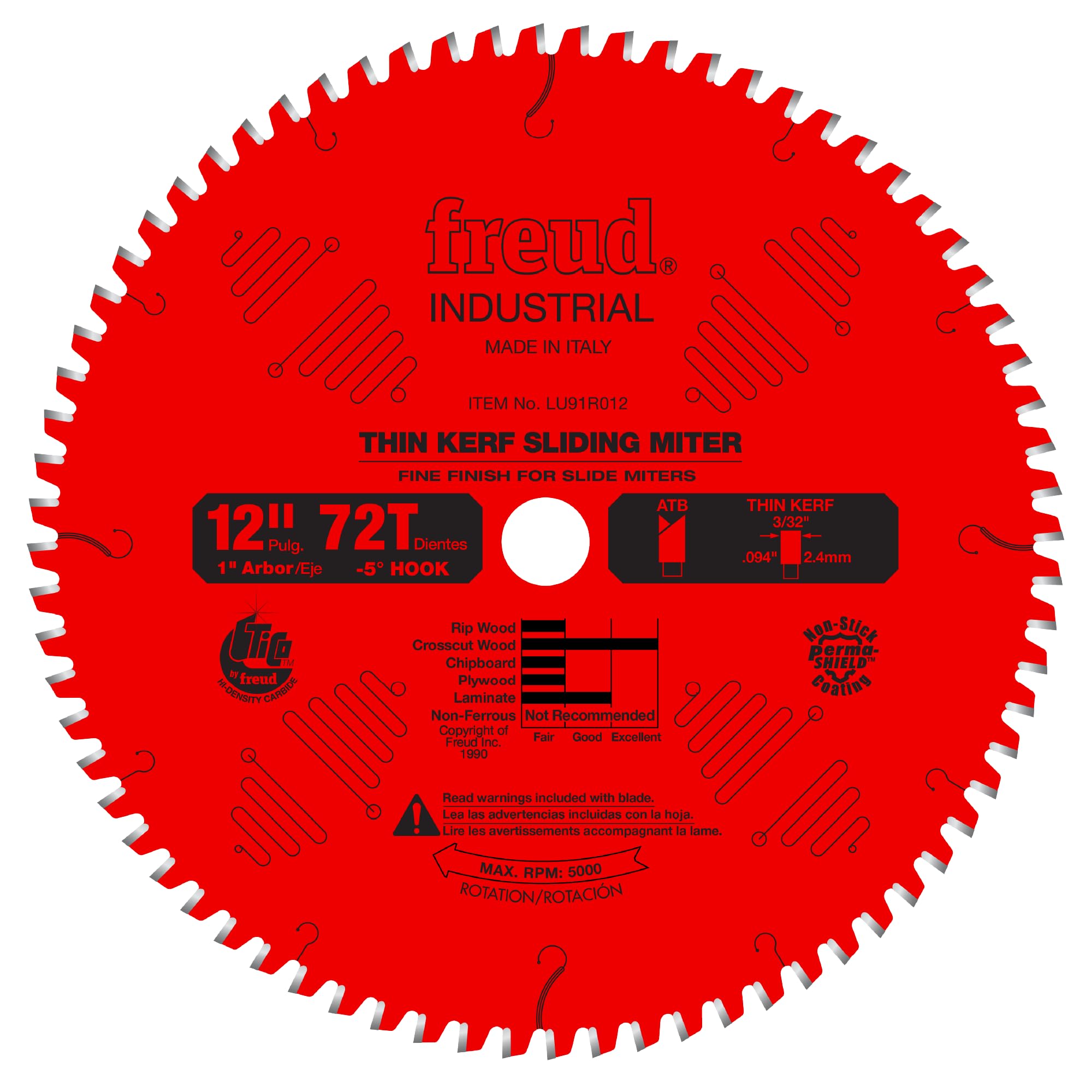 Freud thin-kerf blade in packaging showing precision design for sliding miter saws.
