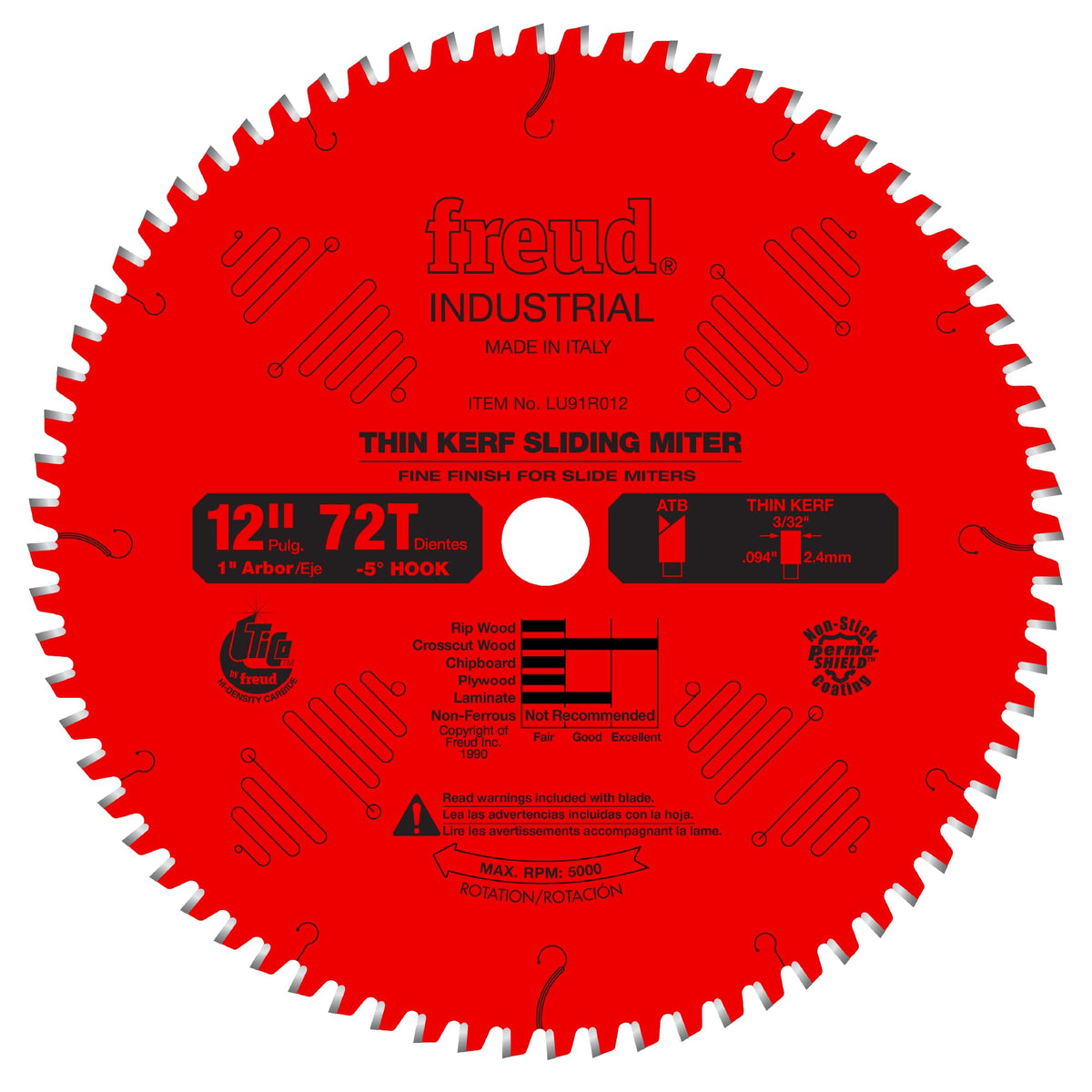 Freud thin-kerf blade in packaging showing precision design for sliding miter saws.