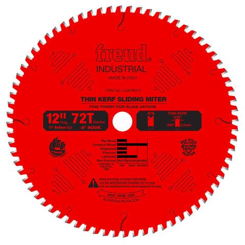 Freud thin-kerf blade in packaging showing precision design for sliding miter saws.
