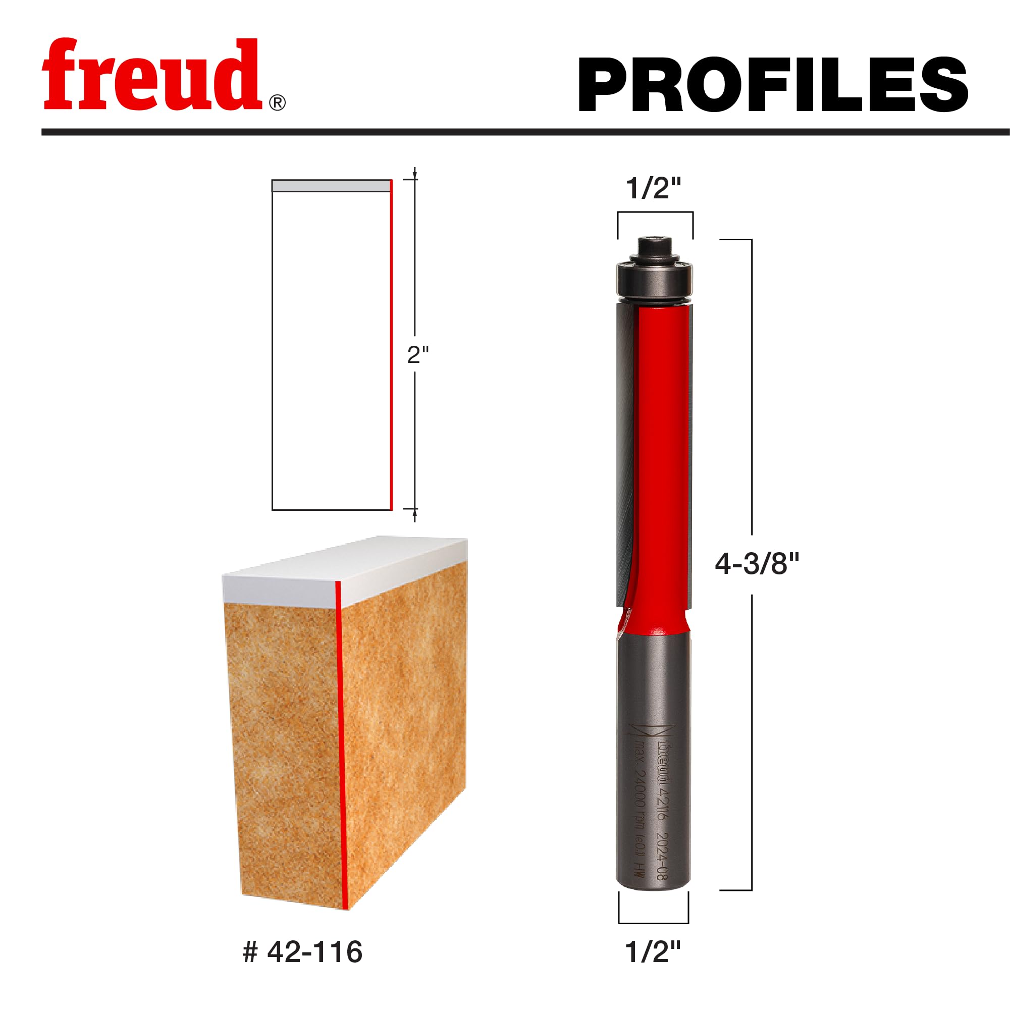 Freud 42-116 two-flute design enabling faster material removal.