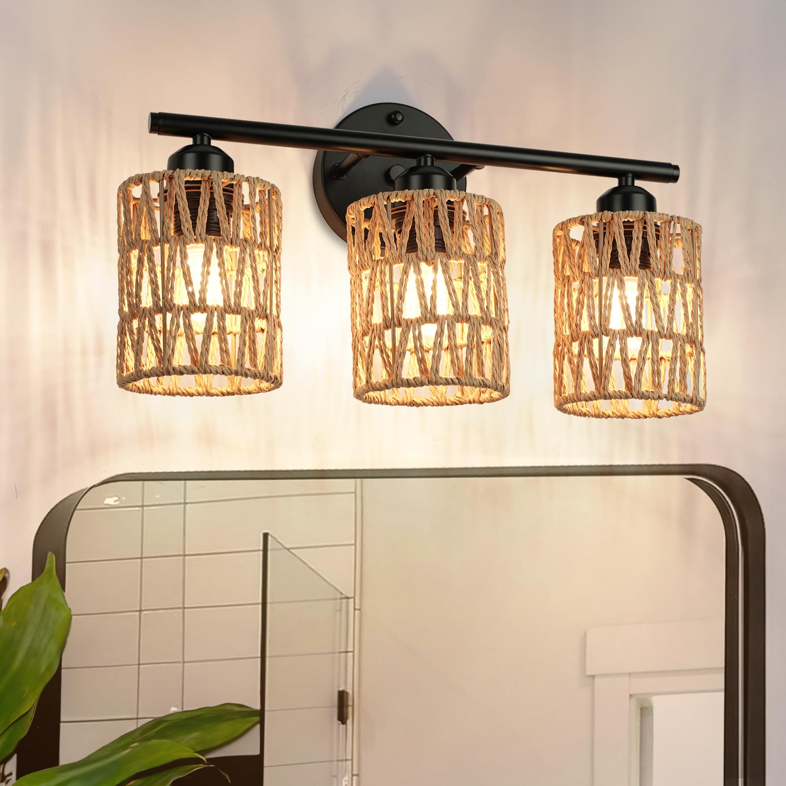 FRIDEKO HOME 3Light vanity with woven lampshade casts warm, inviting glow