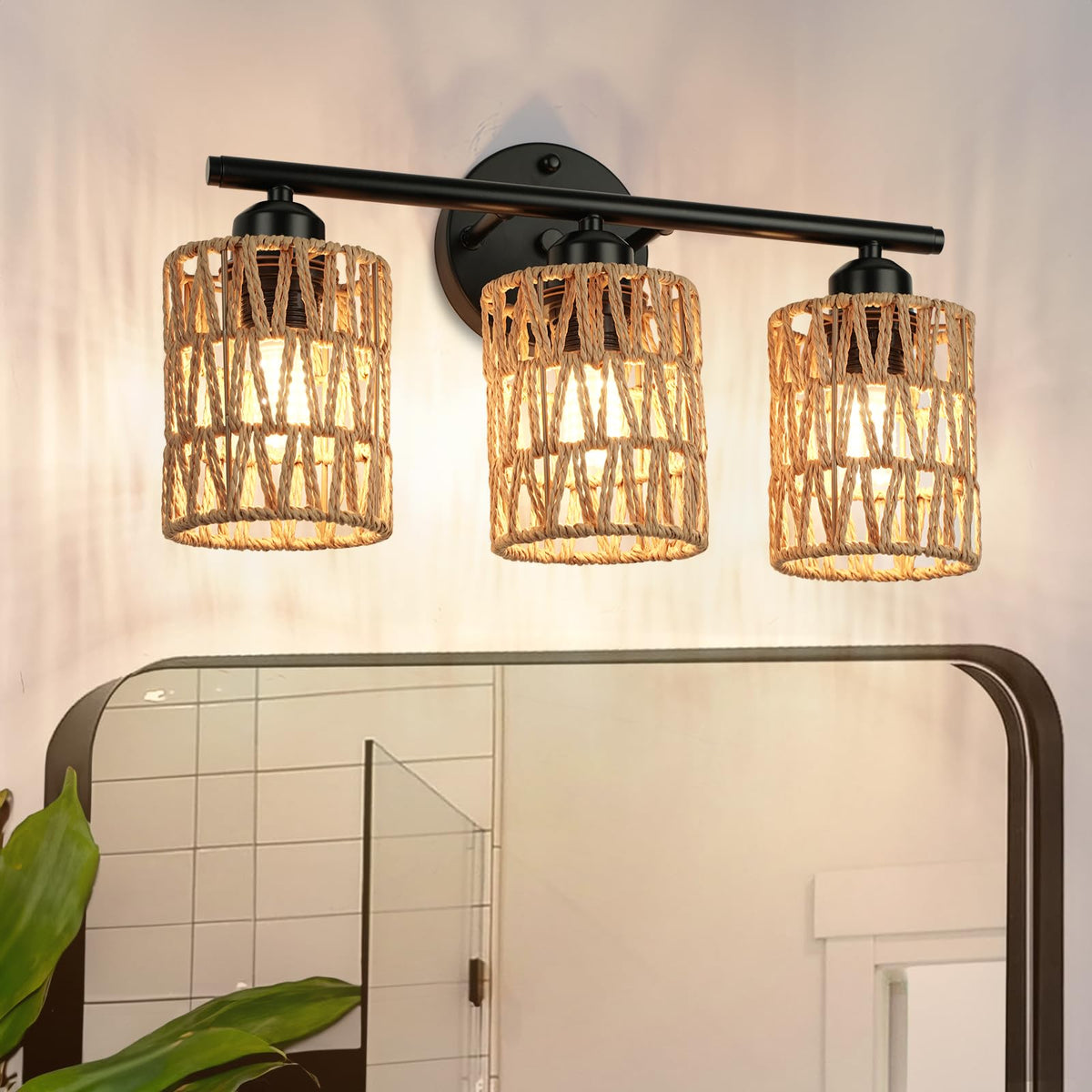 FRIDEKO HOME 3Light vanity with woven lampshade casts warm, inviting glow