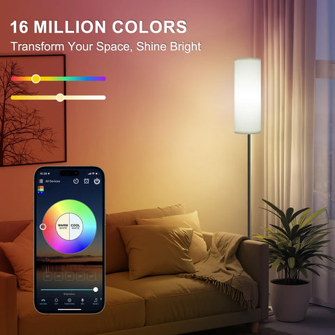 FRIDEKO HOME floor lamp with app and remote control for color and brightness adjustments.