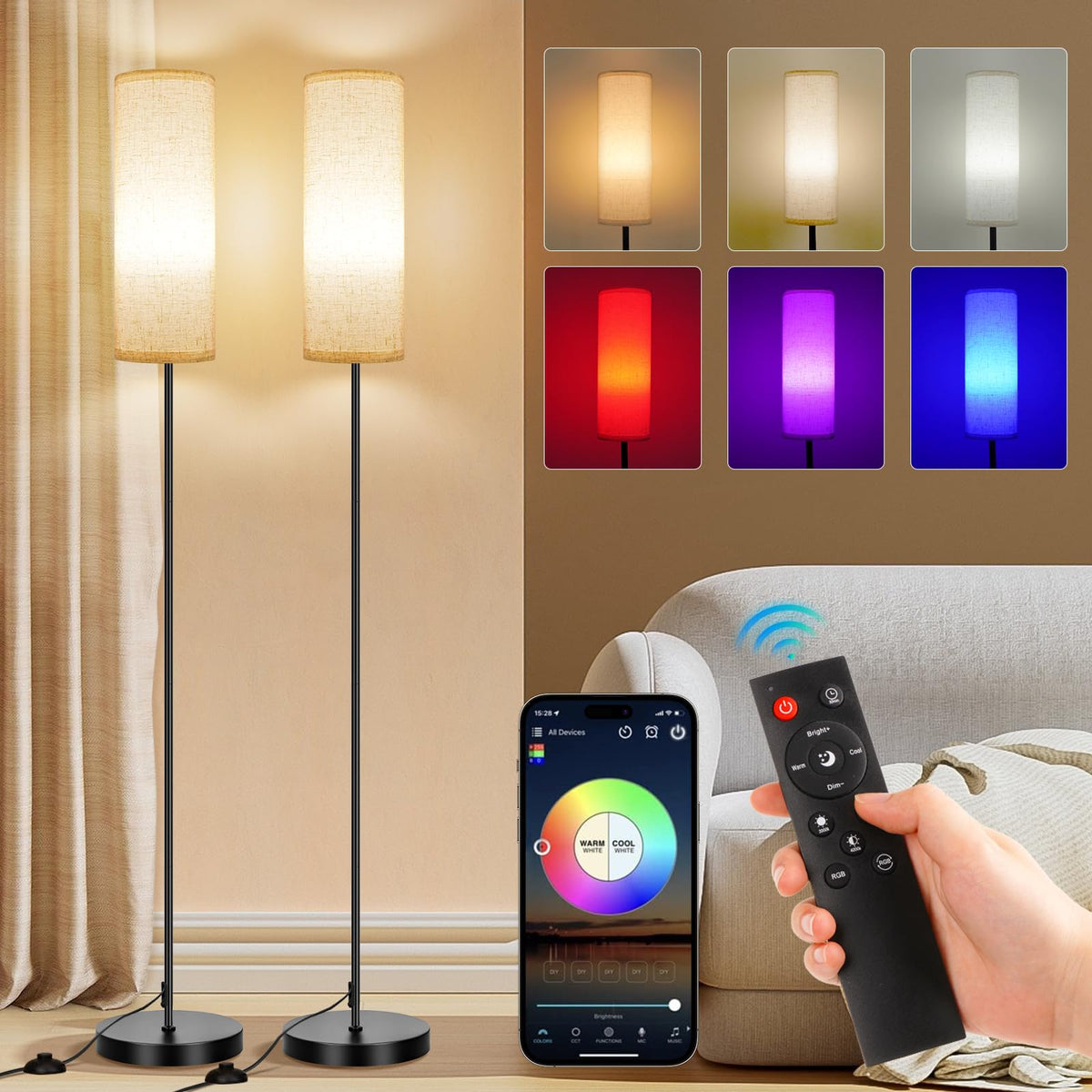 FRIDEKO HOME floor lamp showing RGB color options for vibrant living room ambience