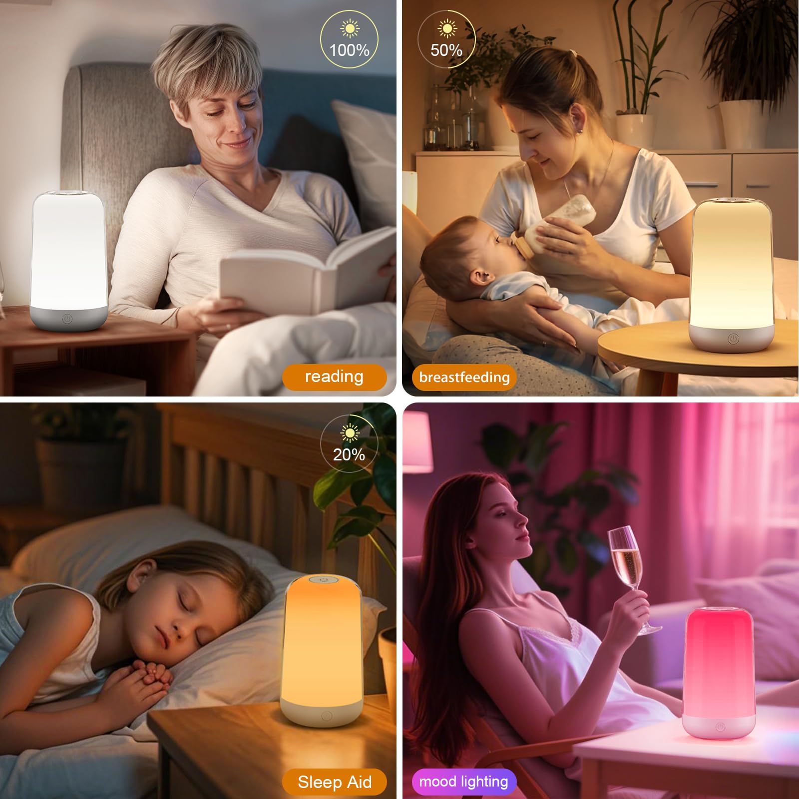 FRIDEKO HOME RGB Touch Bedside Lamp USB-C charging for cord-free use