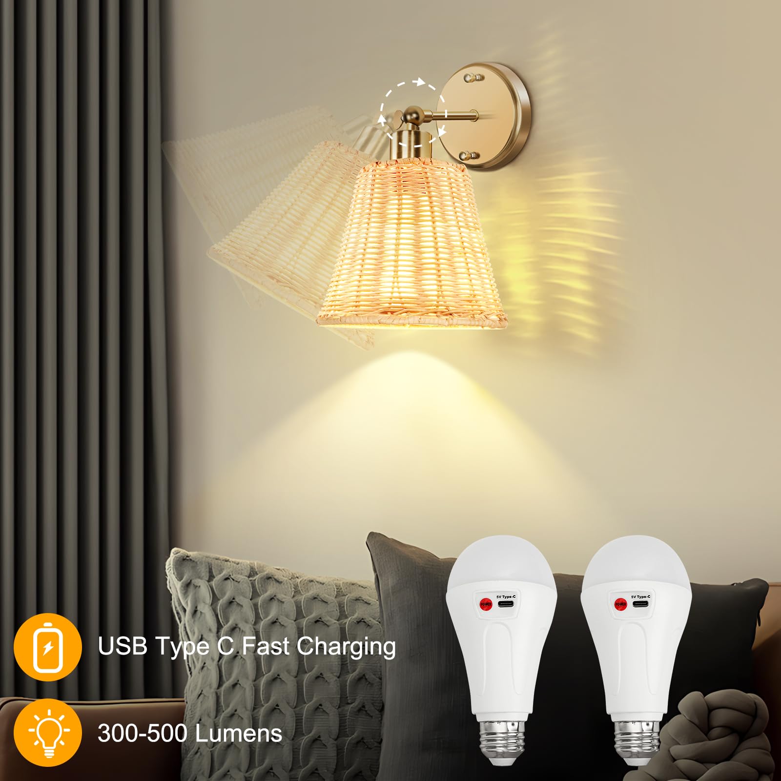 FRIDEKO rechargeable sconce with 5200mAh battery for long use.