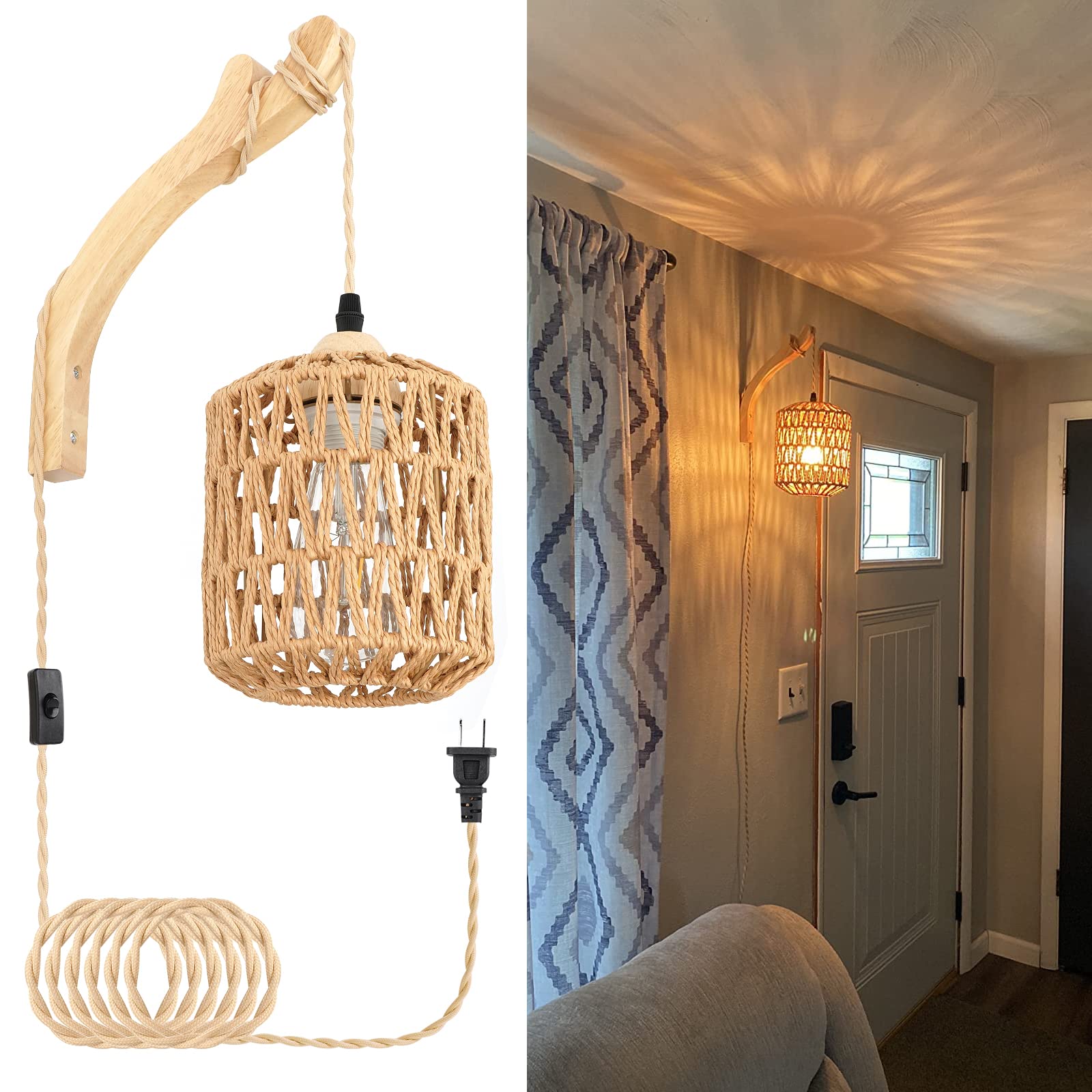 FRIDEKO Rattan wall lamp shade, soft ambient glow for cozy living rooms.