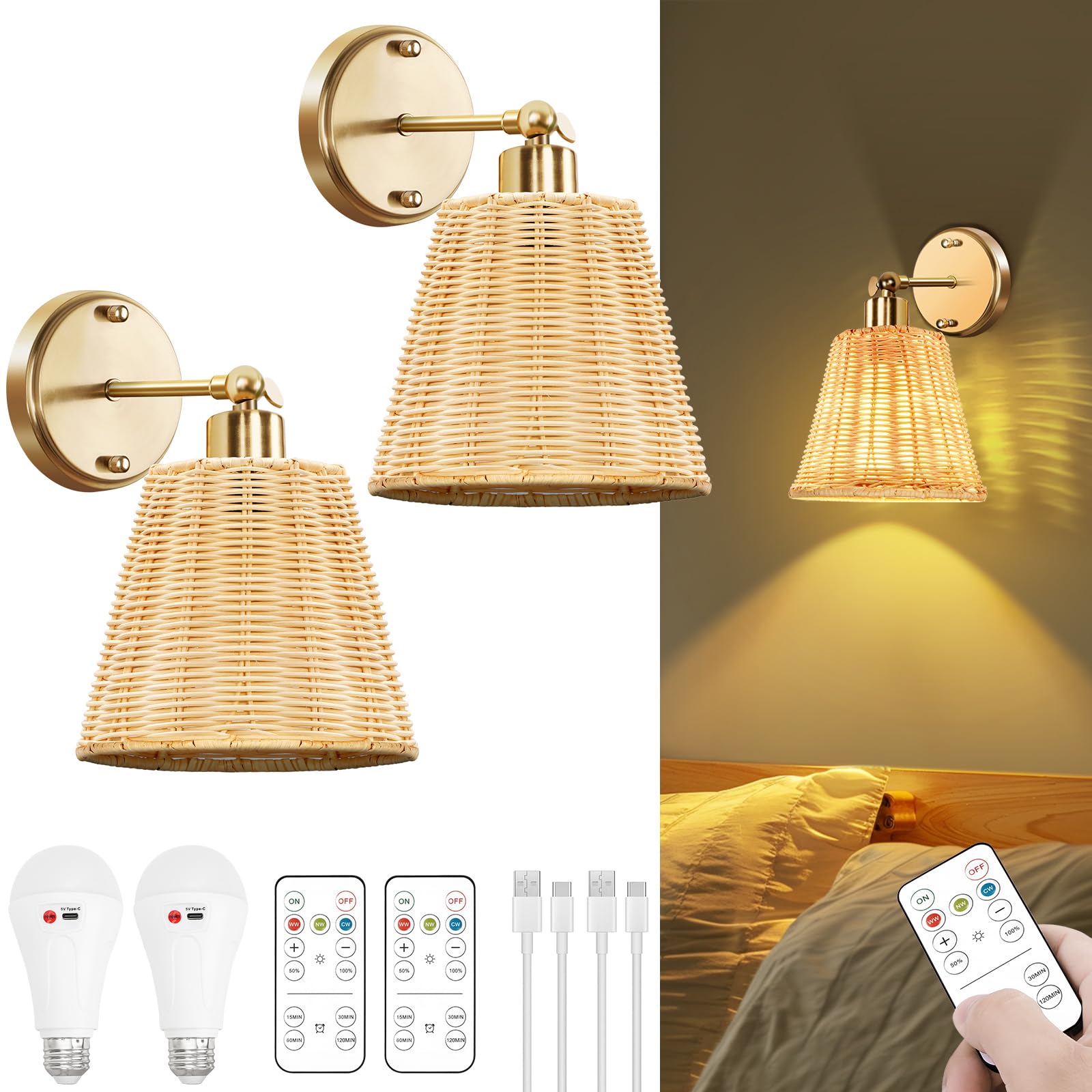 FRIDEKO rattan wall sconce set 2 for ambient lighting.