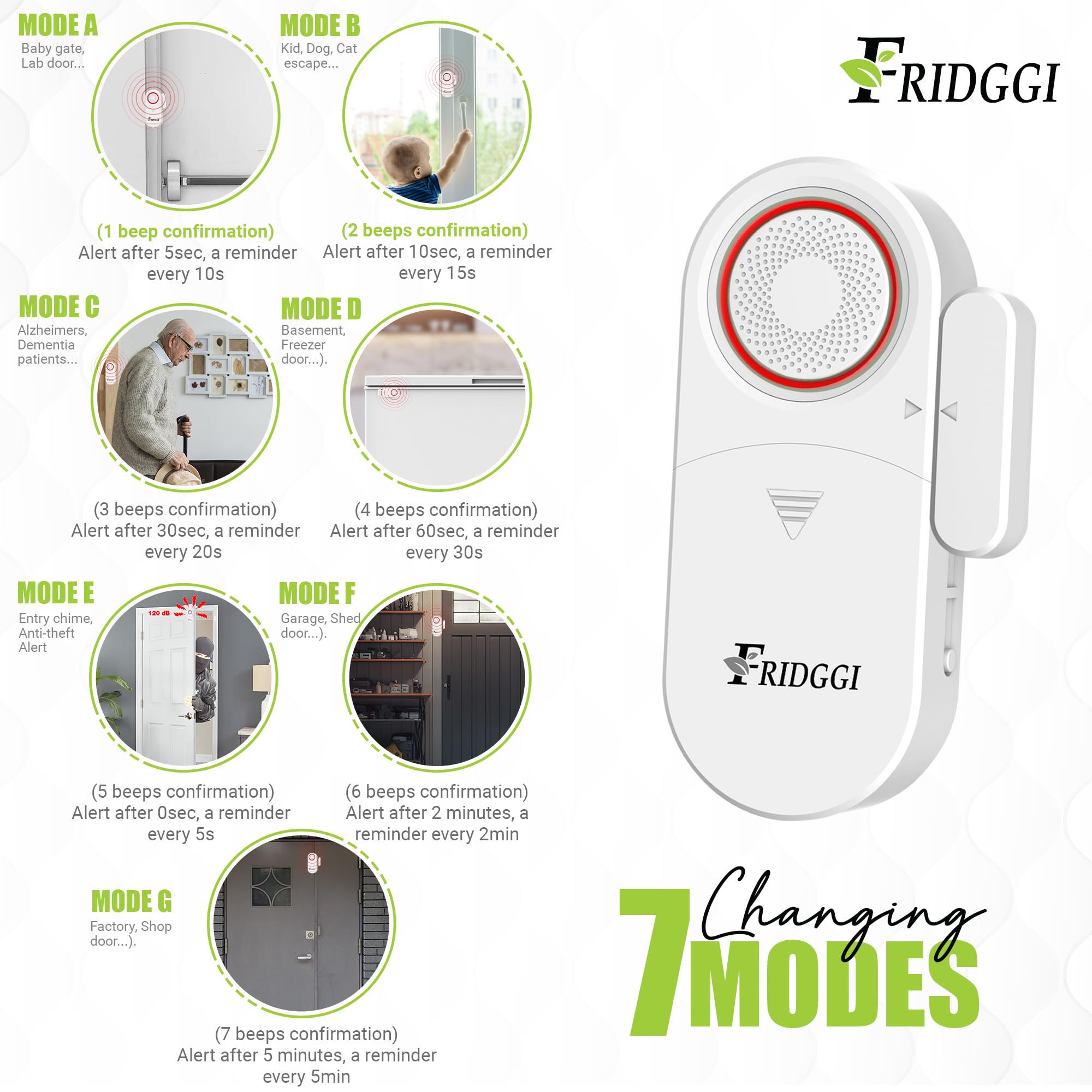 FRIDGGI 3in1 Alarm dB range adjustable 80 to 120 dB reminders