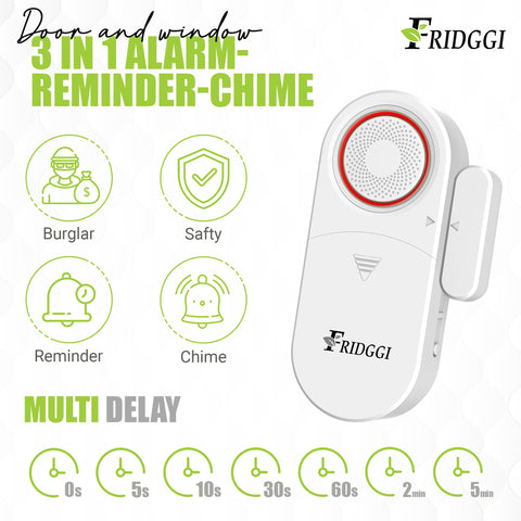 FRIDGGI 3in1 Alarm delay settings showing flexible timing options