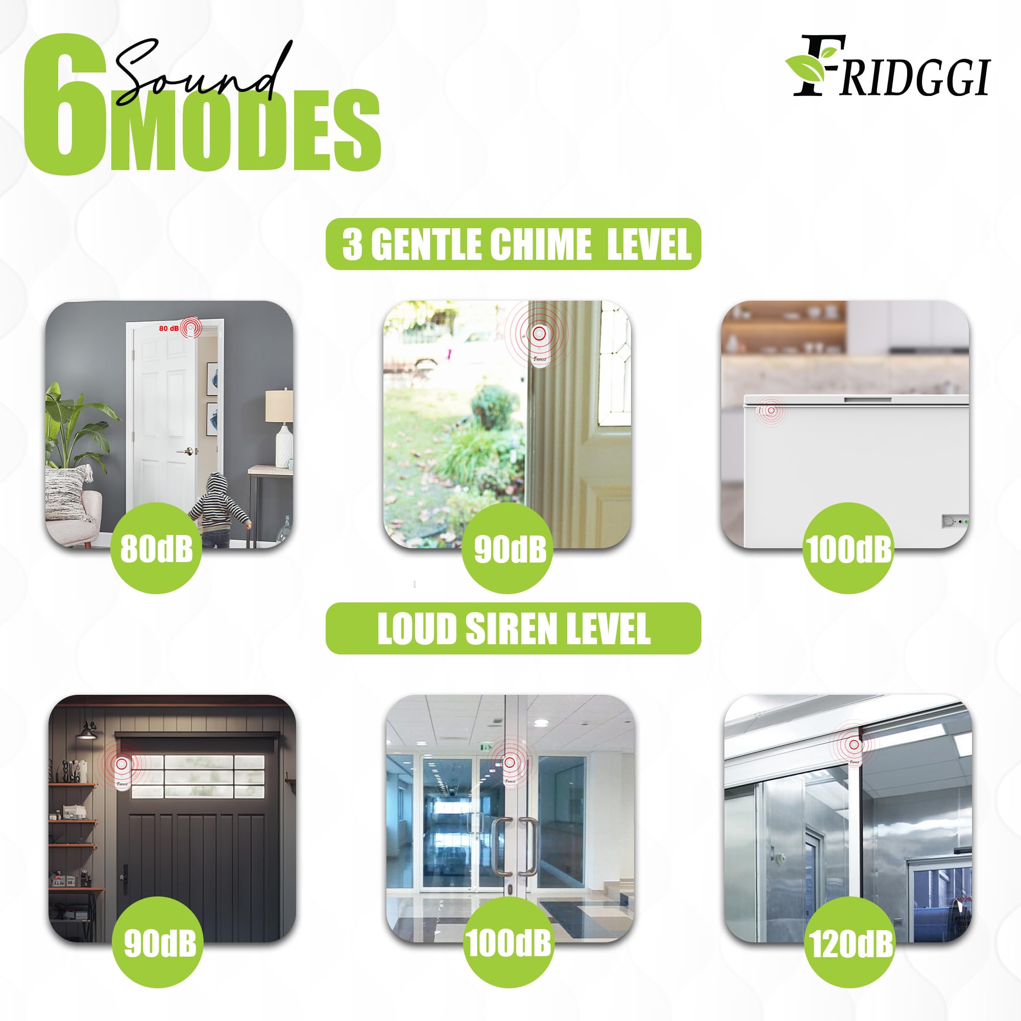 FRIDGGI 3in1 Alarm modes table explains seven delays and three chimes